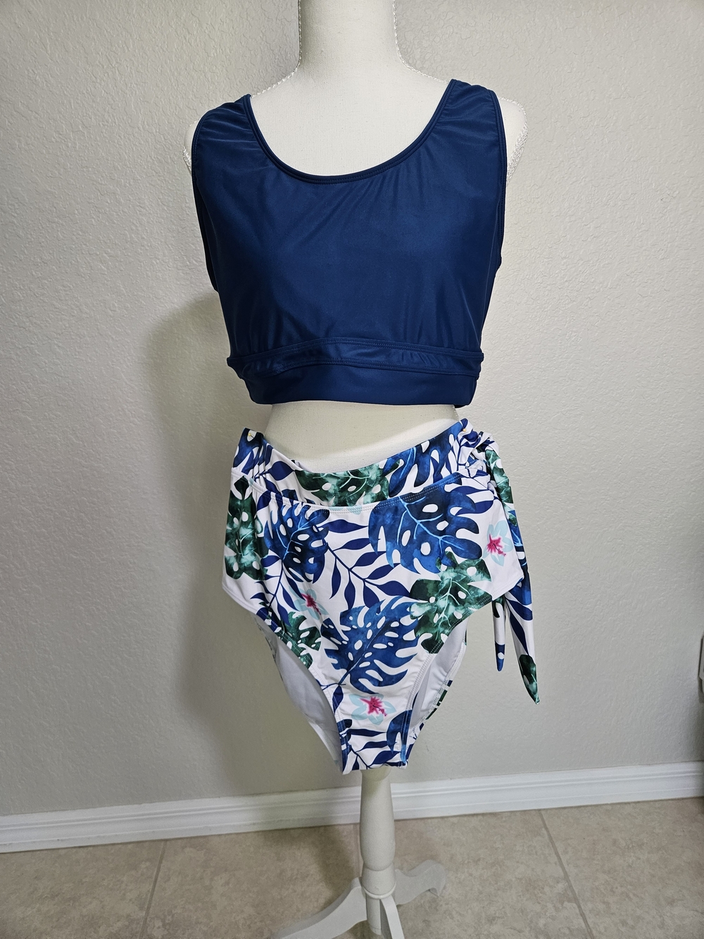 Navy Crop Tankini Top with Blue & Green Tropical High-Waist Bikini Bottoms